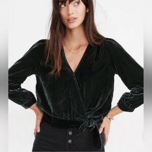 Madewell Dark Green Velvet Wrap Blouse